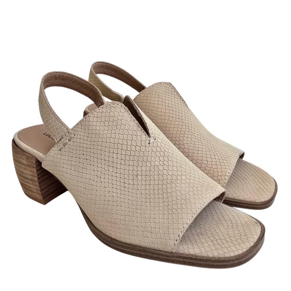 Lucky Brand Slingback Sandals Jaila Size Beige Leather Reptile Block Heel